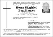 Traueranzeige Siegfried Beutlhauser