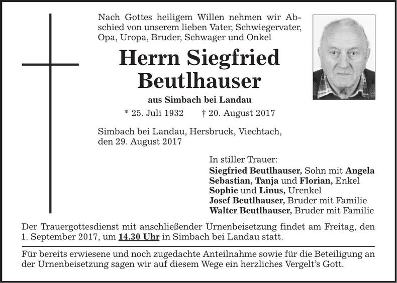 Traueranzeige Siegfried Beutlhauser
