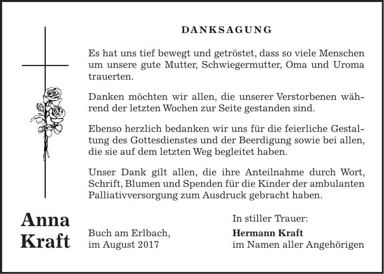 Traueranzeige Anna Kraft