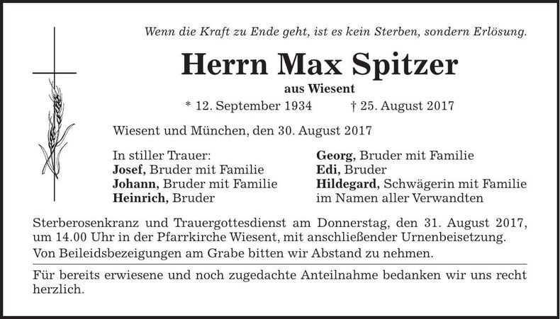 Traueranzeige Max Spitzer