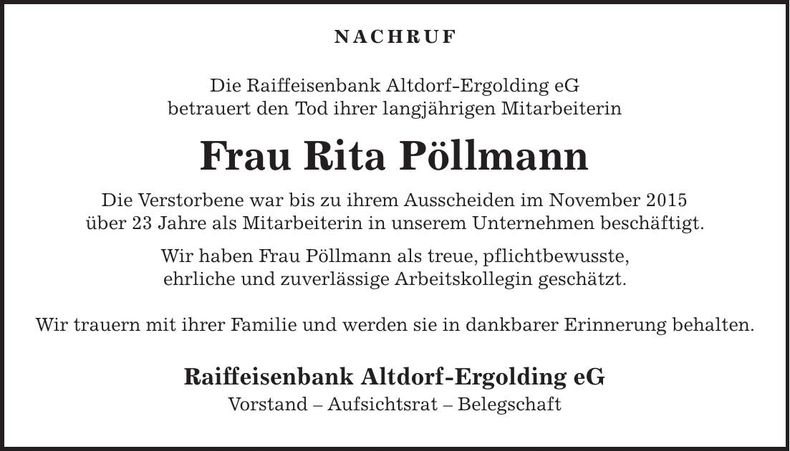Traueranzeige Rita Pöllmann