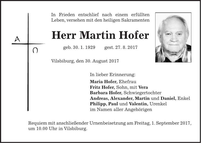 Traueranzeige Martin Hofer