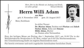 Traueranzeige Willi Adam