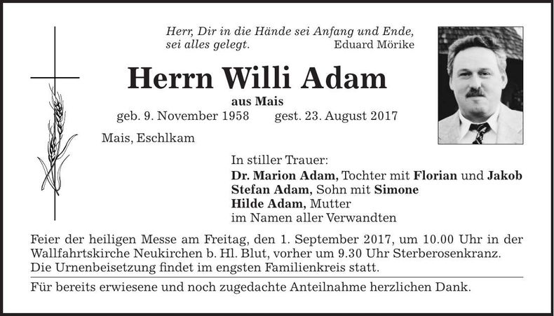 Traueranzeige Willi Adam