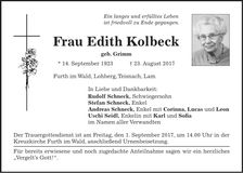 Traueranzeige Edith Kolbeck