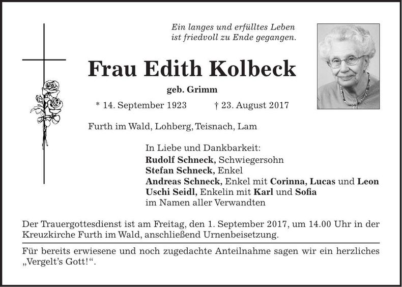 Traueranzeige Edith Kolbeck
