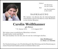 Traueranzeige Carolin Weißthanner