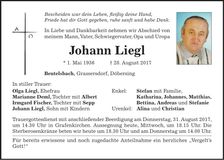 Traueranzeige Johann Liegl