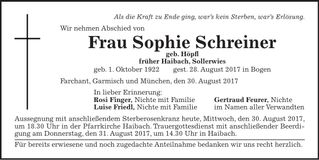 Traueranzeige Sophie Schreiner
