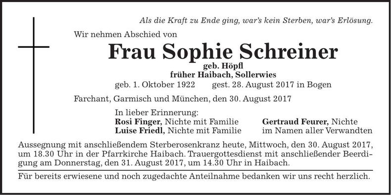 Traueranzeige Sophie Schreiner