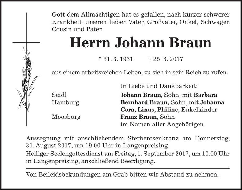Traueranzeige Johann Braun