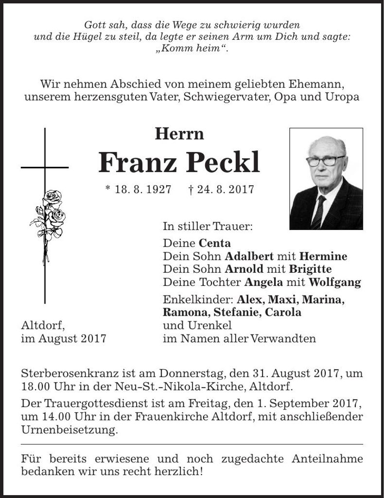Traueranzeige Franz Peckl