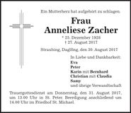 Traueranzeige Anneliese Zacher