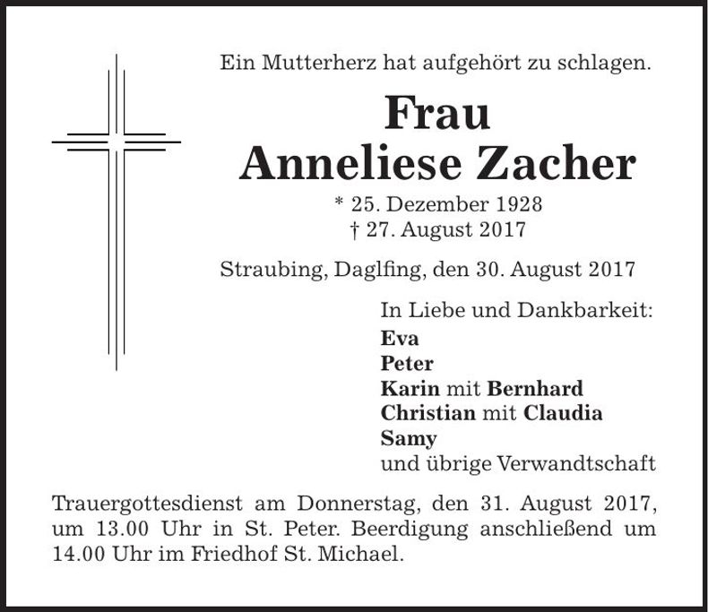 Traueranzeige Anneliese Zacher