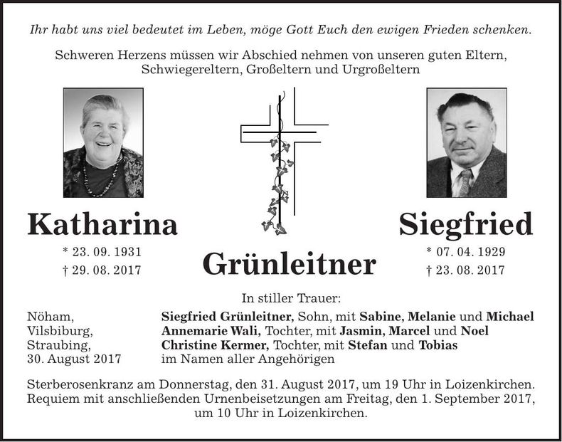 Traueranzeige Siegfried; Katharina Grünleitner