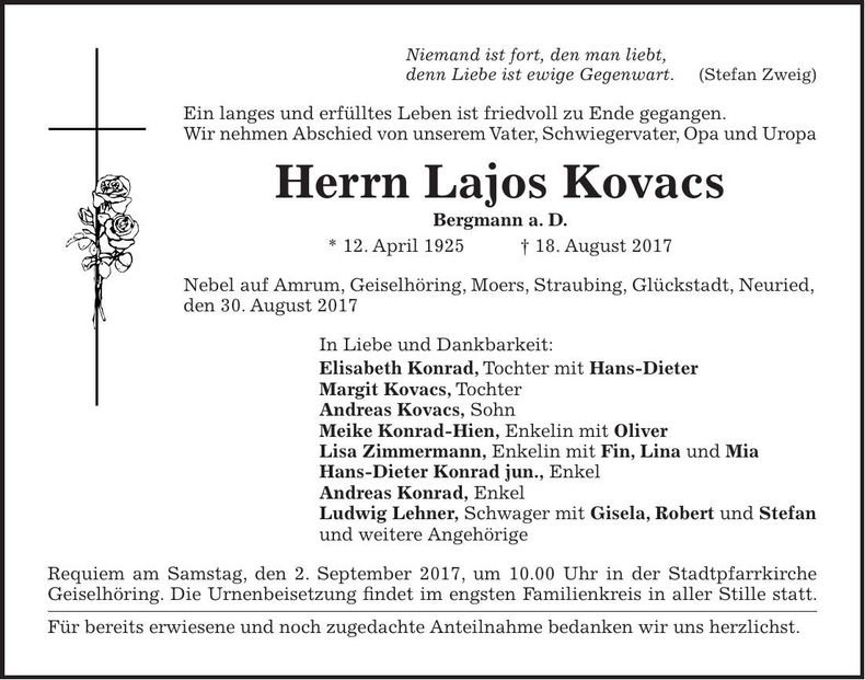 Traueranzeige Lajos Kovacs