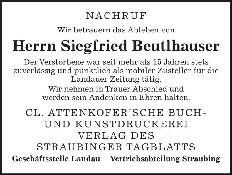 Traueranzeige Siegfried Beutlhauser