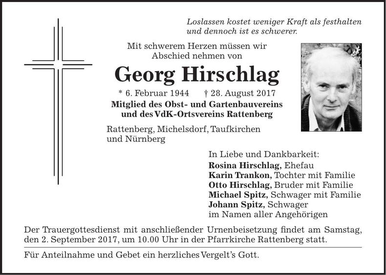 Traueranzeige Georg Hirschlag