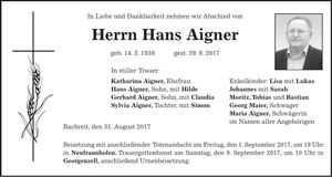 Traueranzeige Hans Aigner