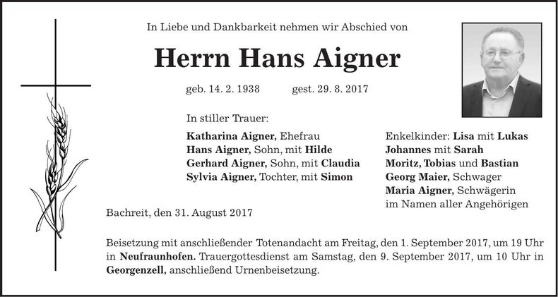 Traueranzeige Hans Aigner