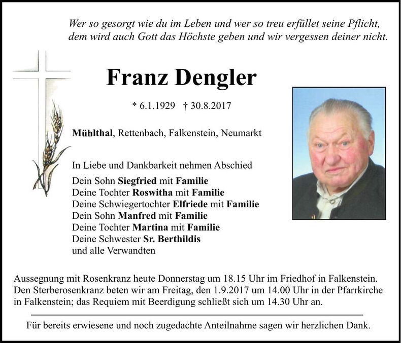 Traueranzeige Franz Xaver Dengler