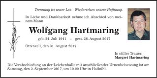 Traueranzeige Wolfgang Hartmaring