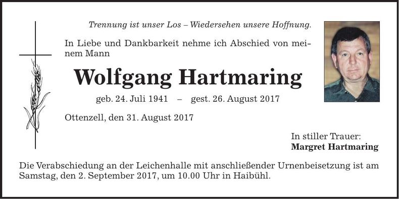 Traueranzeige Wolfgang Hartmaring