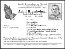 Traueranzeige Adolf Kremhelmer