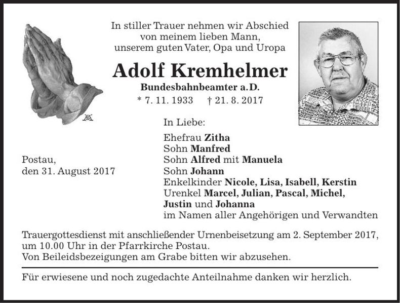 Traueranzeige Adolf Kremhelmer
