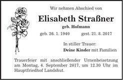Traueranzeige Elisabeth Straßner