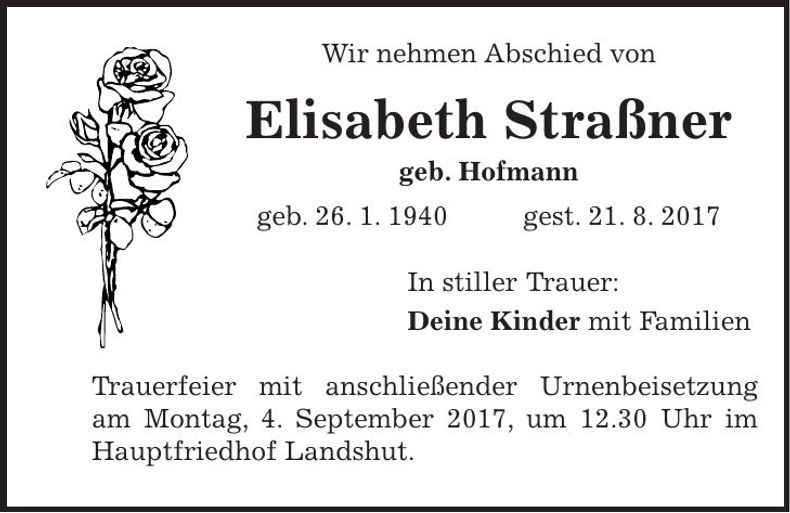 Traueranzeige Elisabeth Straßner