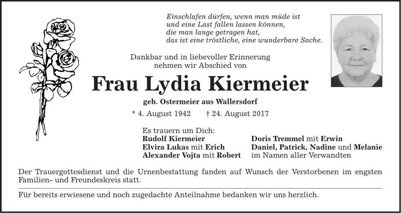 Traueranzeige Lydia Kiermeier