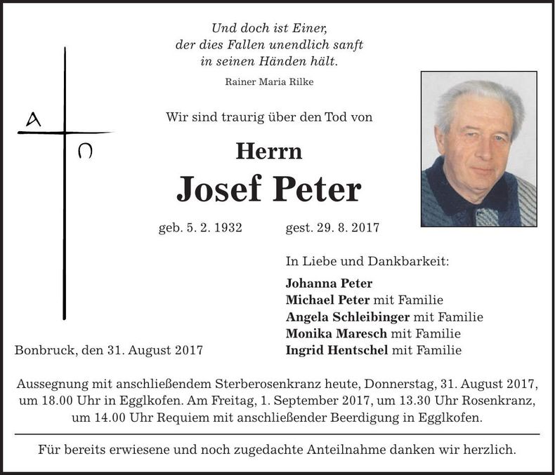 Traueranzeige Josef Peter