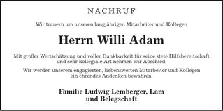 Traueranzeige Willi Adam