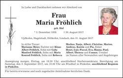 Traueranzeige Maria Fröhlich