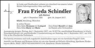 Traueranzeige Frieda Schindler