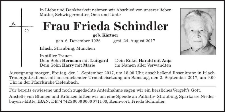 Traueranzeige Frieda Schindler