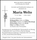 Traueranzeige Maria Welte