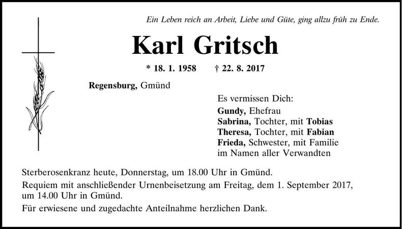 Traueranzeige Karl Gritsch