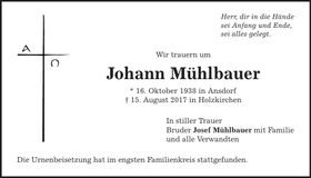 Traueranzeige Johann Mühlbauer