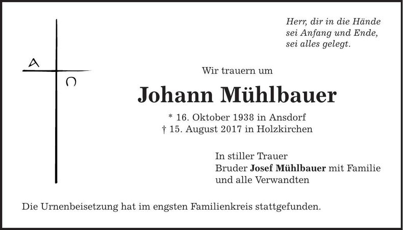 Traueranzeige Johann Mühlbauer