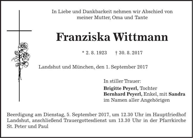 Traueranzeige Franziska Wittmann
