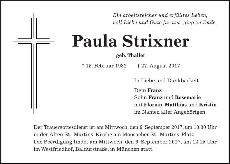 Traueranzeige Paula Strixner