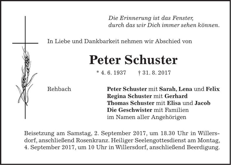 Traueranzeige Peter Schuster
