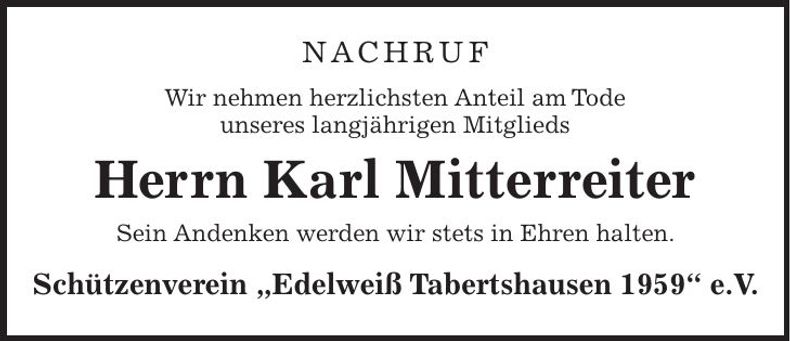 Traueranzeige Karl Mitterreiter