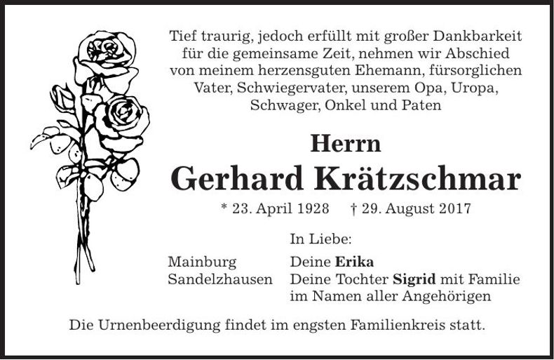 Traueranzeige Gerhard Krätzschmar