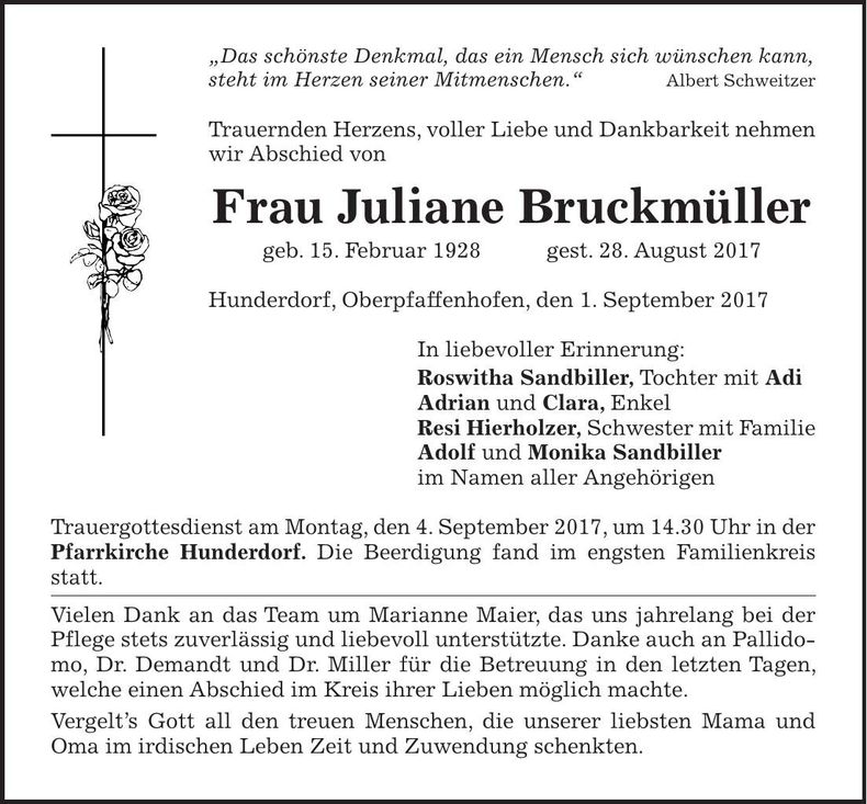 Traueranzeige Juliane Bruckmüller