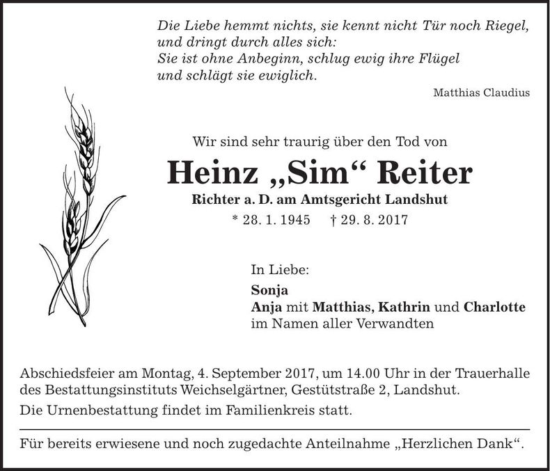 Traueranzeige Heinz Reiter