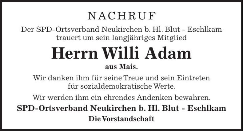 Traueranzeige Willi Adam