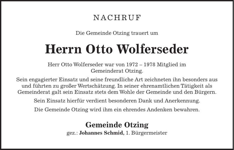 Traueranzeige Otto Wolferseder